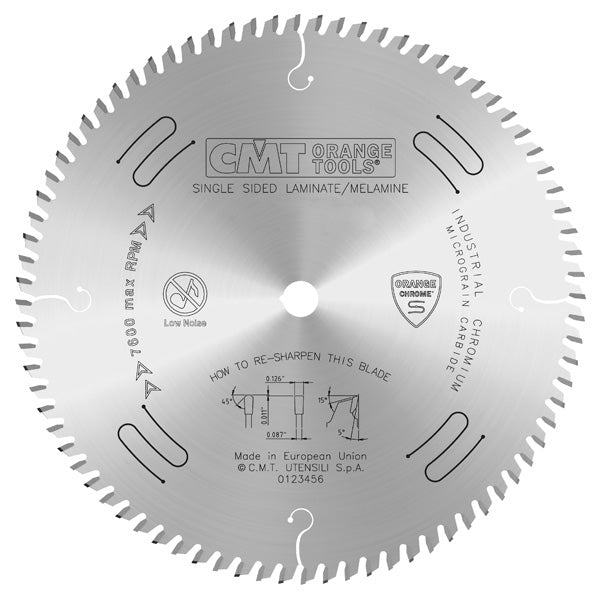 CMT Orange Chrome Carbide Full Kerf 12” Single-Sided Laminate / Melamine Crosscutting Blade, 96 Teeth, Triple Chip Grind (TCG), 0.126” Kerf 281.696.12