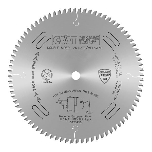 CMT Orange Chrome Carbide Full Kerf 12” Double-Sided Laminate / Melamine Crosscutting Blade, 96 Teeth, Triple Chip Grind (TCG), 0.126” Kerf 281.697.12
