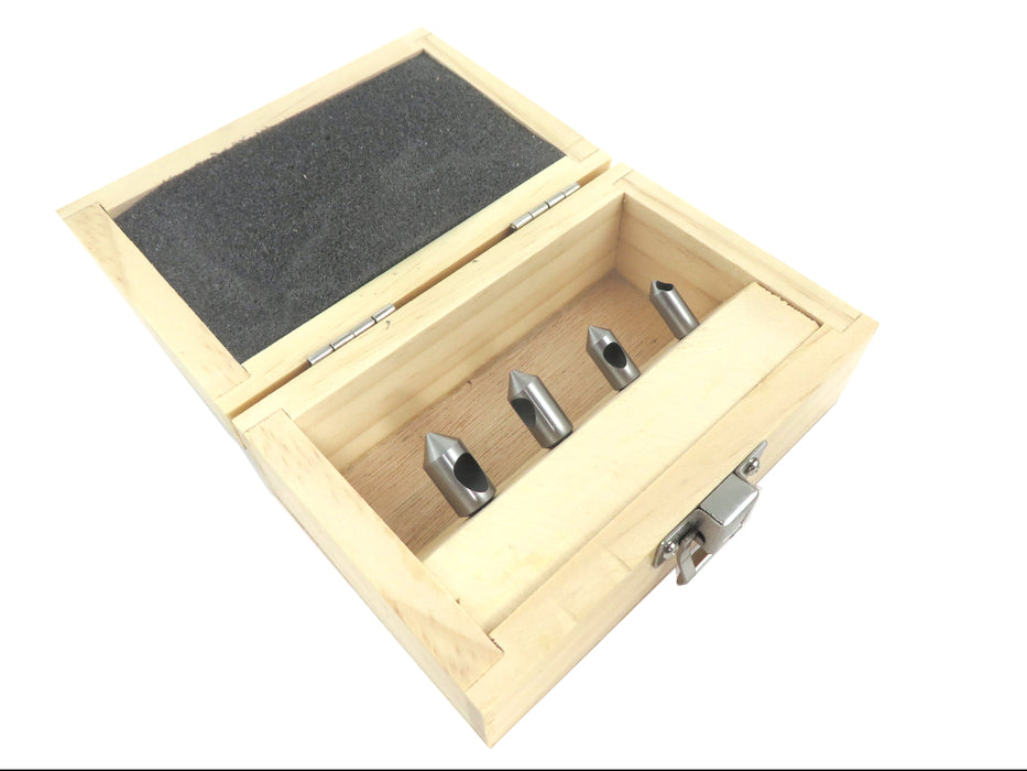 4 Piece Set 82 Degree Single Zero Flute Countersink Chamfering Tools in Wooden Box