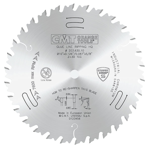 CMT Orange Chrome 10” Carbide Heavy Duty Glue Joint Rip Saw Blade, 30 Teeth, Triple Chip Grind (TCG)  0.126” Kerf 203.630.10