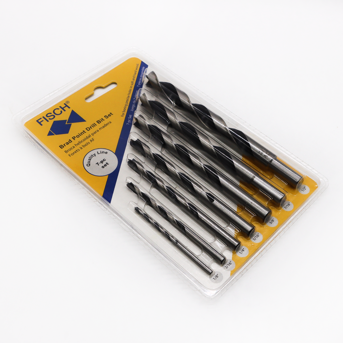 7 Piece Set of Fisch Imperial Brad Point Drill Bits Chrome Vanadium Steel Double Flute Sizes 1/8" - 1/2" In Clamshell