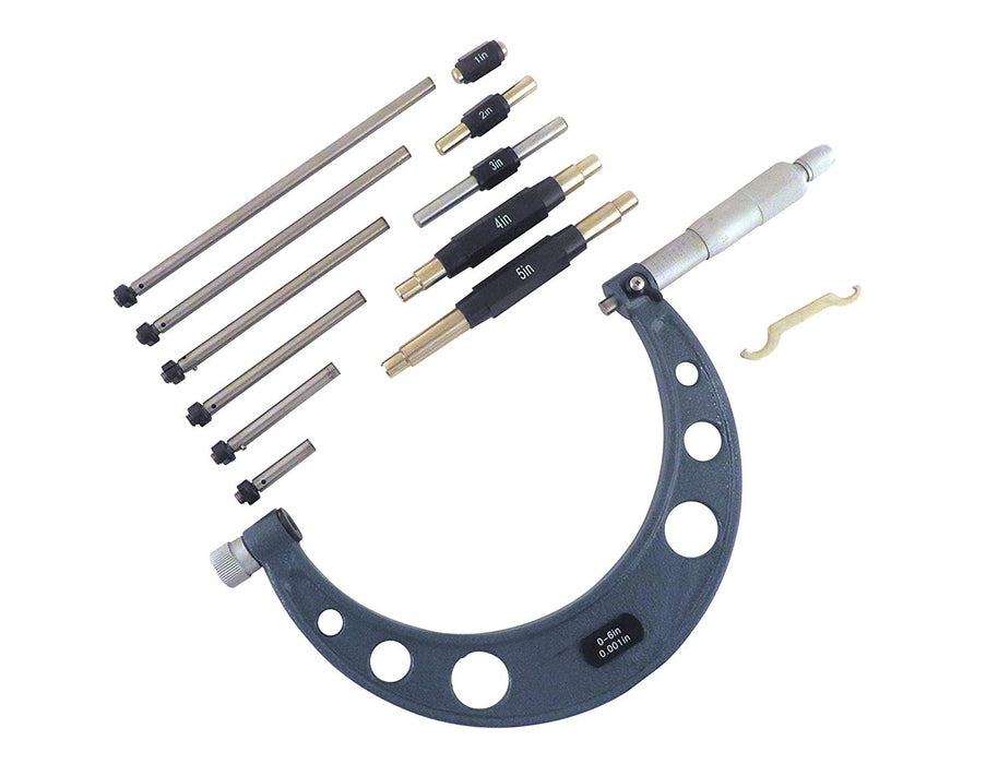 0-6" Outside Micrometer Caliper Set with 6 Interchangeable Anvils, Carbide Faces