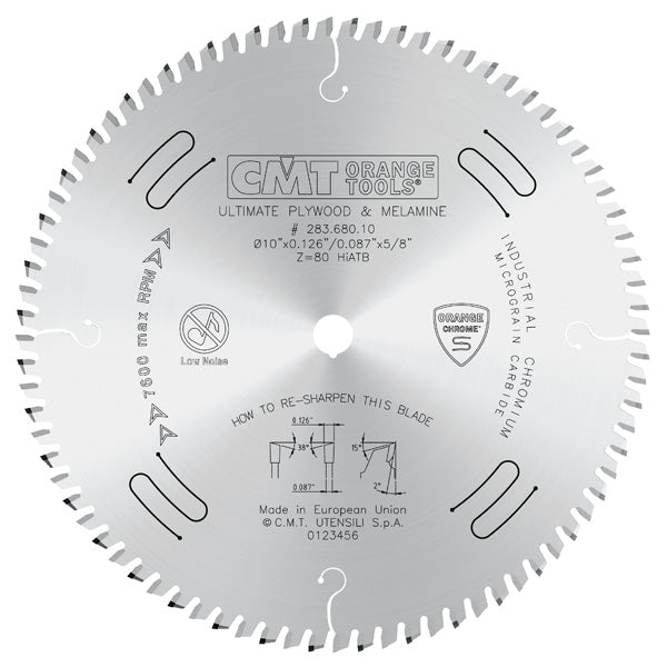 CMT Orange Chrome Carbide Full Kerf 10” Ultimate Crosscutting Blade, 80 Teeth, High Alternate Top Bevel Grind (HiATB), 0.126” Kerf 283.680.10