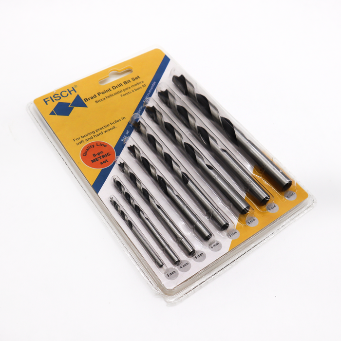 8 Piece Fisch Metric Set Brad Point Drill Bits Chrome Vanadium Steel Double Flute Sizes 3mm - 10mm In Clamshell