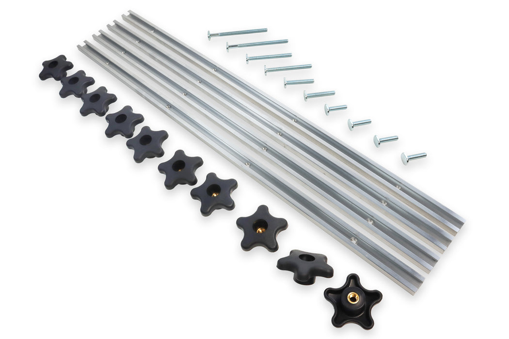 Deluxe 24 Piece T Track Jig Fixture Kit with 10 Star Knobs, 4 Sections of T Track and 10 T bolts.