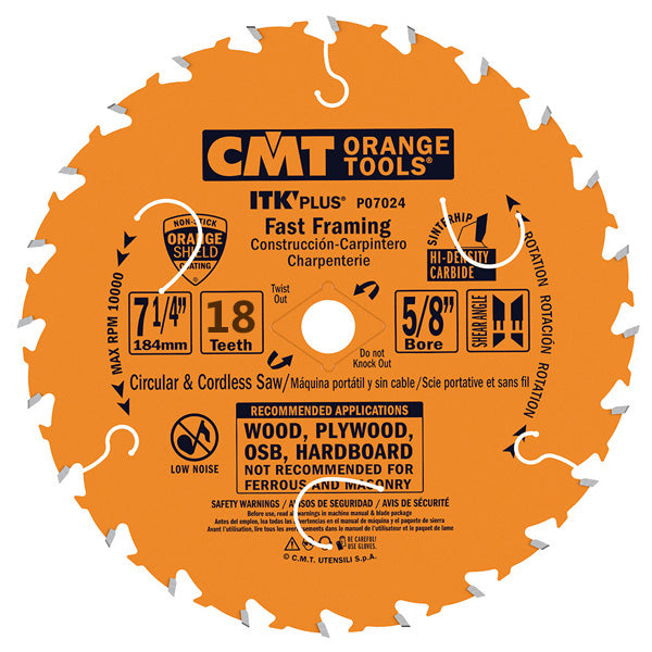 CMT ITK PLUS Fast Framing Circular Saw Blade 7-1/4", 18 Teeth, 5/8" Arbor, Alternate Top Bevel (ATP) Grind with Shear, PTFE Coated P07018_X1