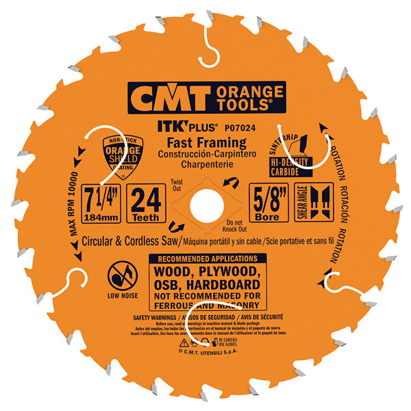 CMT ITK PLUS Fast Framing Circular Saw Blade 7-1/4", 24 Teeth, 5/8" Arbor, Alternate Top Bevel (ATP) Grind with Shear, PTFE Coated P07024_X1