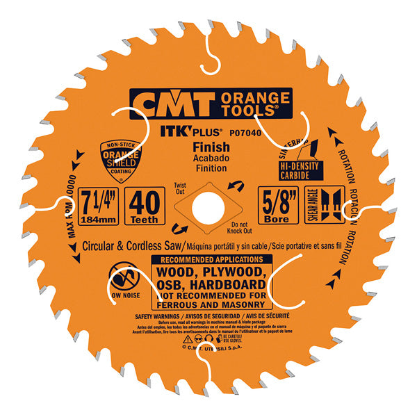 CMT ITK PLUS Fast Framing Crosscut Circular Saw Blade 7-1/4", 40 Teeth, 5/8" Arbor, Alternate Top Bevel (ATP) Grind with Shear, PTFE Coated