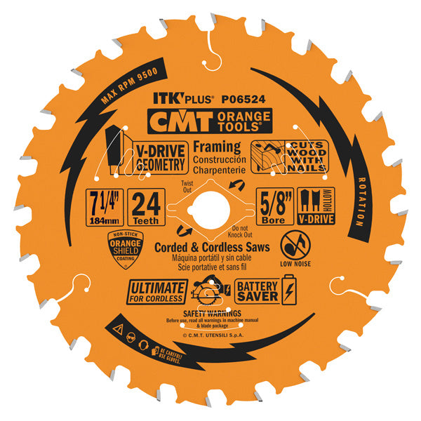 CMT ITK PLUS Ultimate Contractor V-Drive Circular Saw Blade 7-1/4", 24 Teeth, 5/8" Arbor V-Drive Grind, PTFE Coated