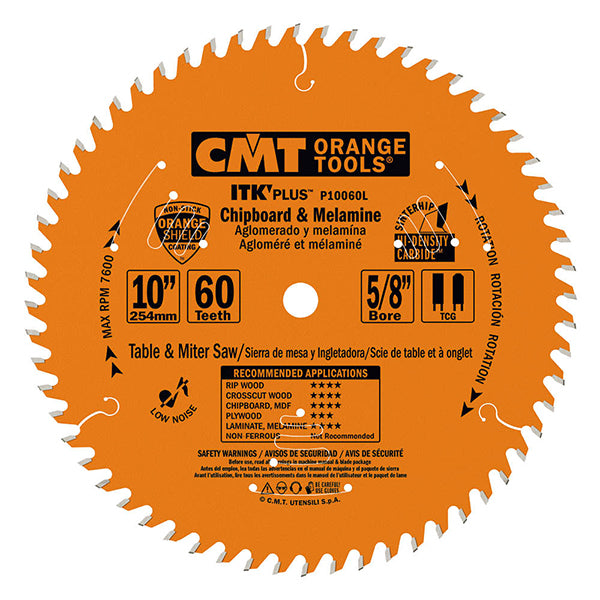 CMT ITK PLUS 10" Chipboard and Melamine Blade, 60 Teeth, 5/8" Arbor, Triple Chip (TCG) Grind  0.094" Kerf P10060L