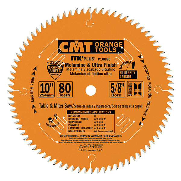 CMT ITK PLUS 10" Ultra Finish Saw Blade, 80 Teeth, 5/8" Arbor, Alternate Top Bevel (ATB) Grind with Shear 0.094" Kerf P10080