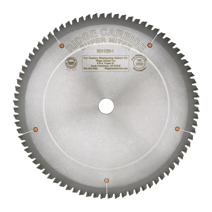 Ridge Carbide 12" 80 Tooth Super Miter Saw Blade .125" Full Kerf 4 Alternate Top Bevel (ATB) and 1 Flat Top Grind (FTG)  RS11280-1