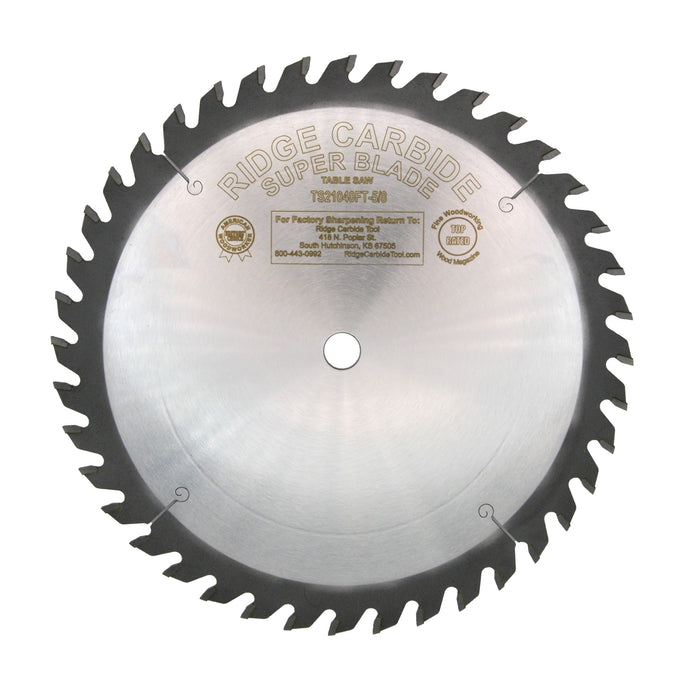 Ridge Carbide 10" 40 Tooth Flat Top Grind Box Joint Blade .125" Full  Kerf  Flat Top Gring (FTG) TS21040FT-5/8