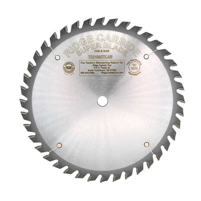 Ridge Carbide 10" 40 Tooth Super Combination Blade .094" Thin Kerf  4 Alternate Top Bevel (ATB) and one Flat Top Grind (FTG) TS21040TK-5/8