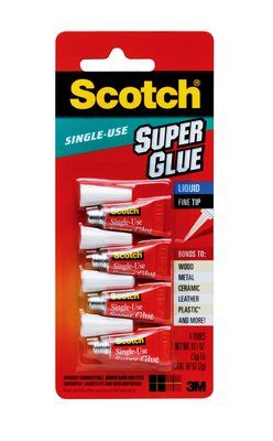 Scotch® CA Super Glue Liquid AD114, 4-Pack of Single-Use Tubes, .017 oz each