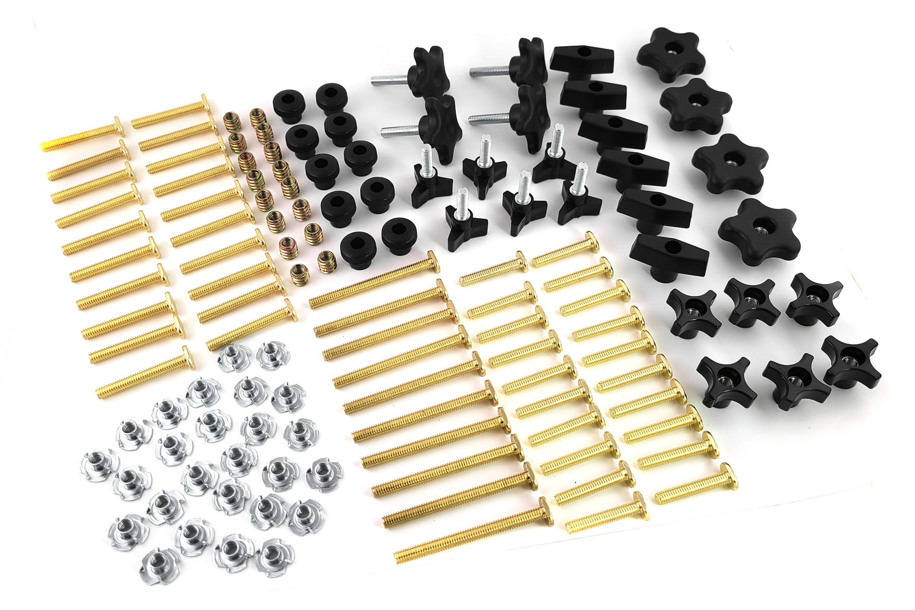 129 Piece Jig Fixture T Track Hardware Kit with Knobs, T Bolts, T Nuts, Threaded Inserts 129 Piece Jig Fixture T Track Hardware Kit with Knobs, T Bolts, T Nuts, Threaded Inserts