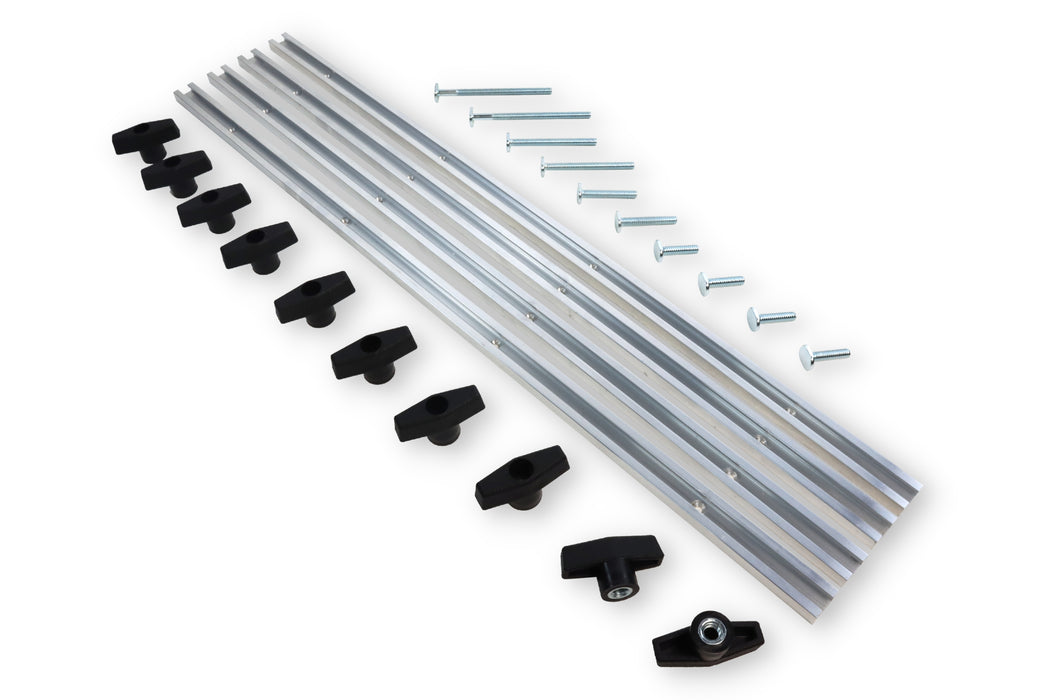 Deluxe 24 Piece T Track Jig Fixture Kit with 10 T Knobs, 4 Sections of T Track and 10 T bolts.