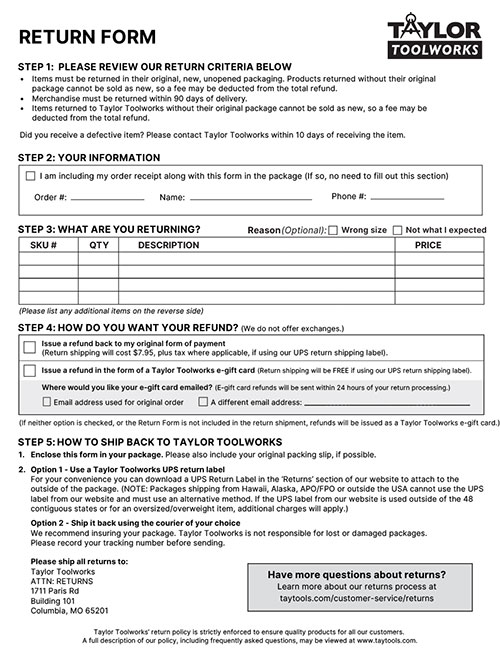 A small thumbnail version of the Taylor Toolworks returns form