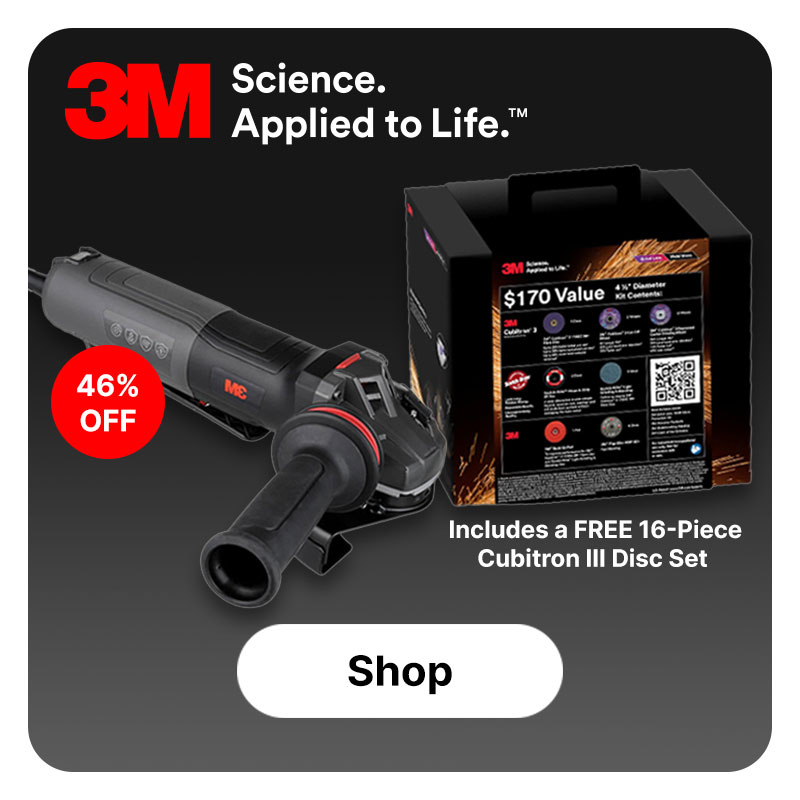 3M Grinder and 16-Piece Cubitron 3 Disc Set on a black background with the 3M logo at the top