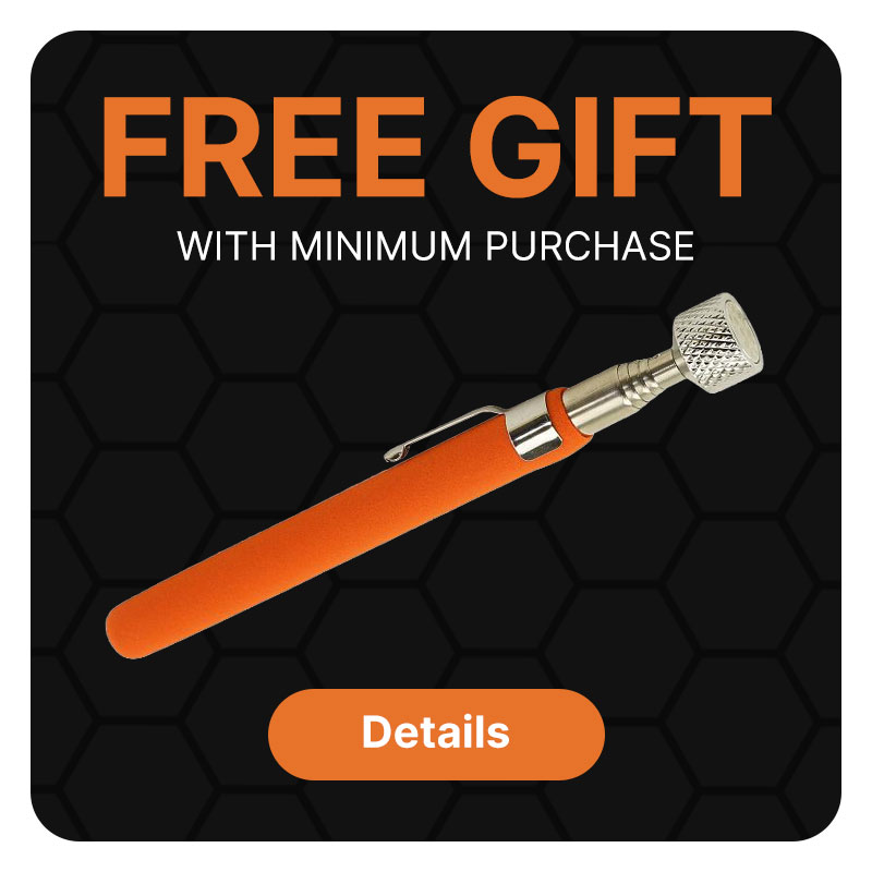 An orange pickup tool on a dark gray background with the words Free Gift