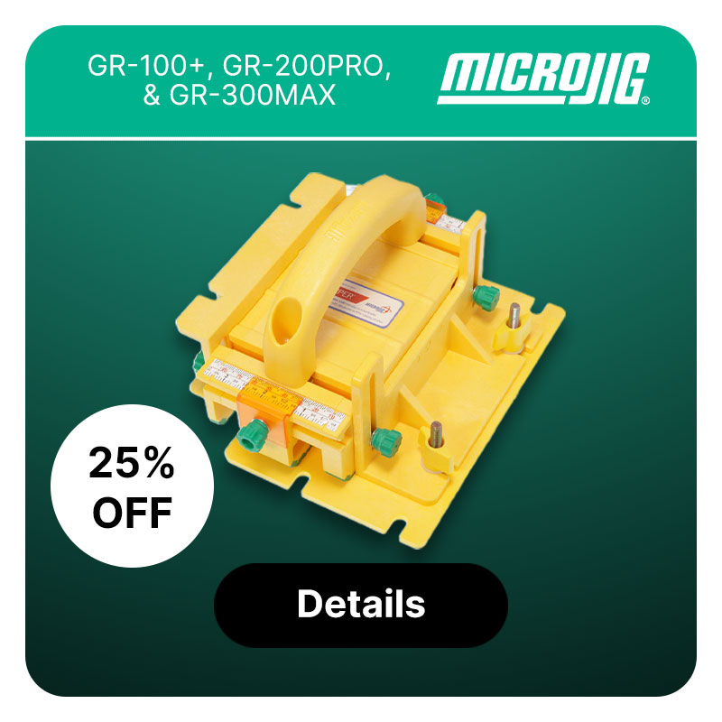 Microjig GR-100 on green background with Microjig banner at top with logo