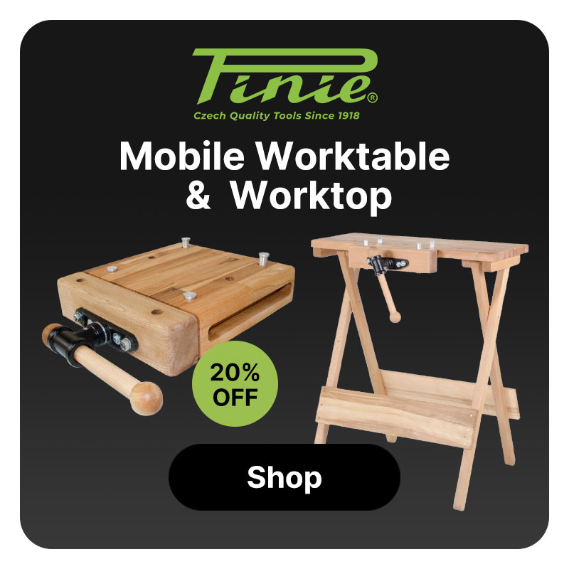 A PINIE Mobile/Portable Worktable and Worktop image and white text on a dark background with a black shop button.