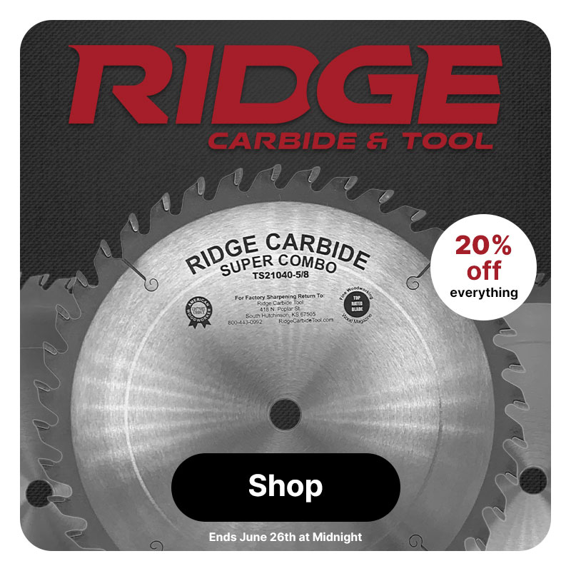 Ridge Super Combo Blade on dark background & logo at top of graphic. 20% Off All Ridge Carbide