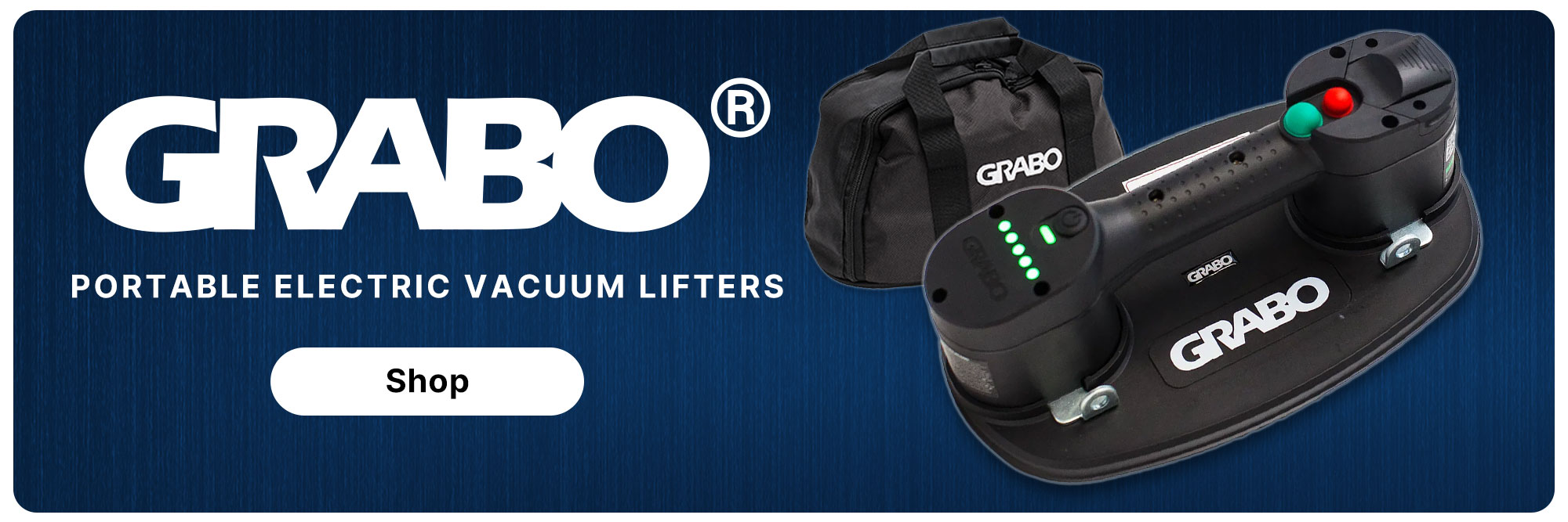 A GRABO v2 lifter with a white GRABO logo on a bluebackground