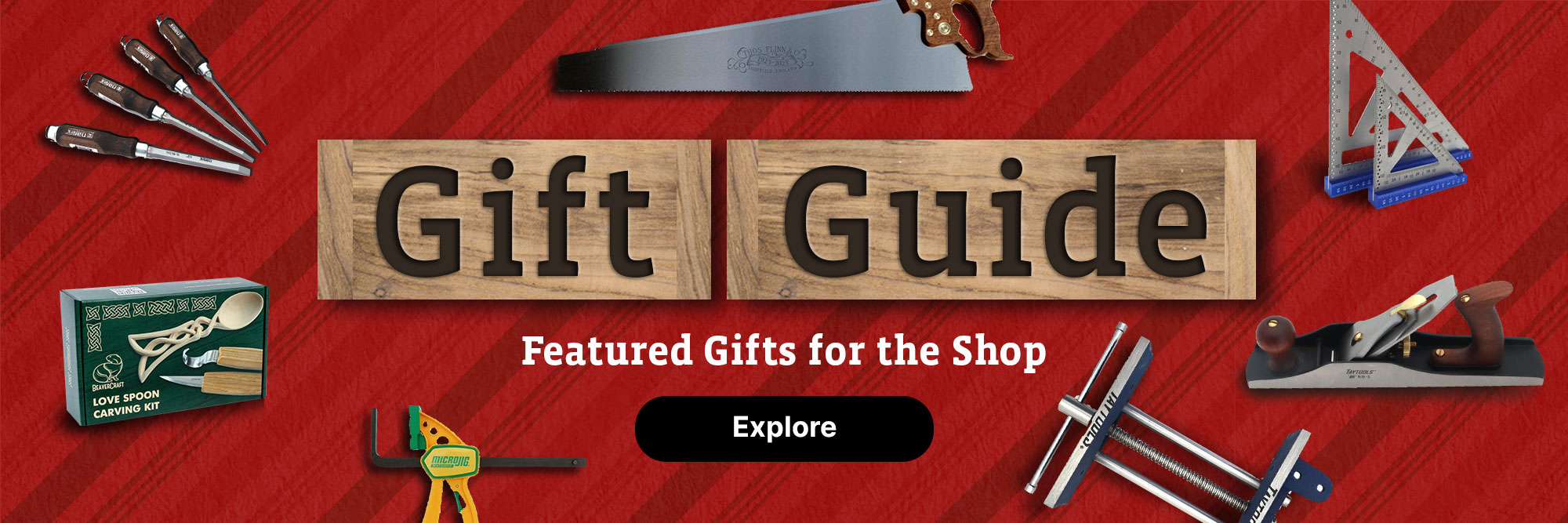 A red image with random woodworkign tools scattered abuot