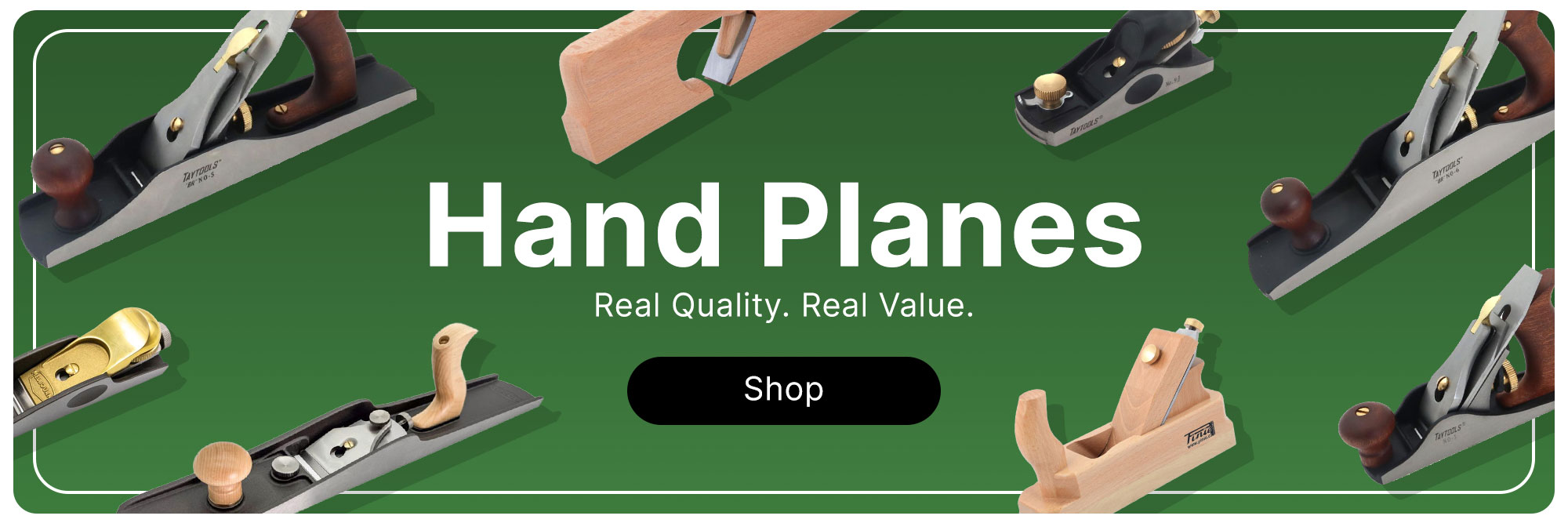 8 hand planes of varying sizes and brands on a green background