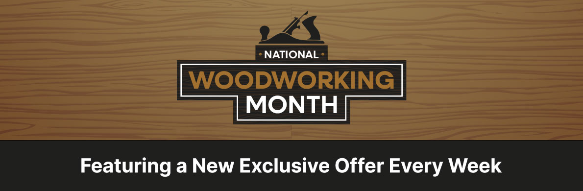 The national woodworking month logo on a wooden pattern.