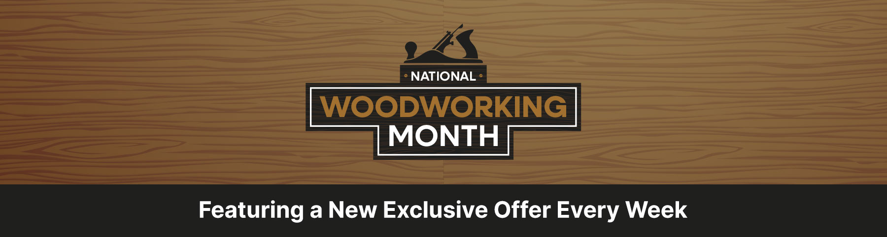 The national woodworking month logo on a wooden pattern.