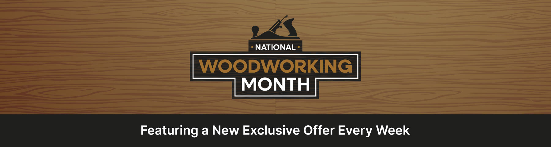 The national woodworking month logo on a wooden pattern.