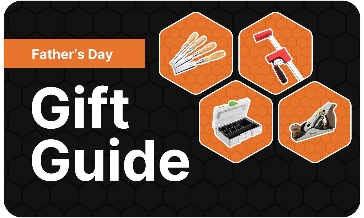 Random tool products on a gray background with Fathers Day Gift Guide copy