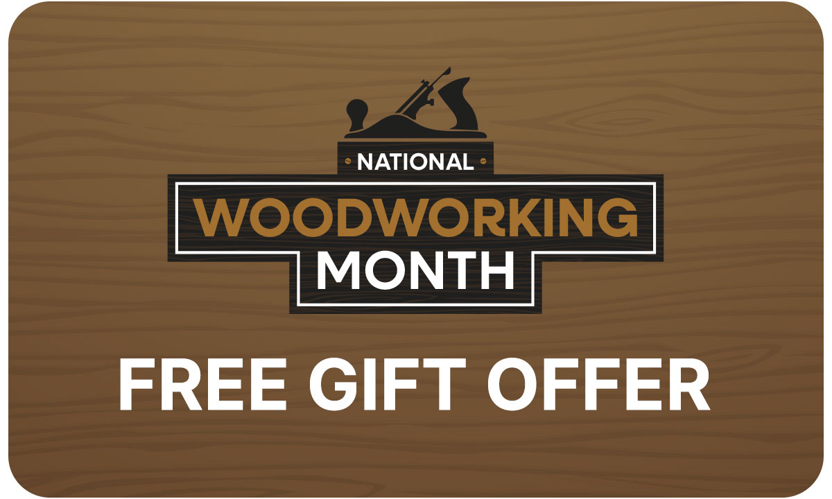 The National Woodworking logo on a wooden pattern background.