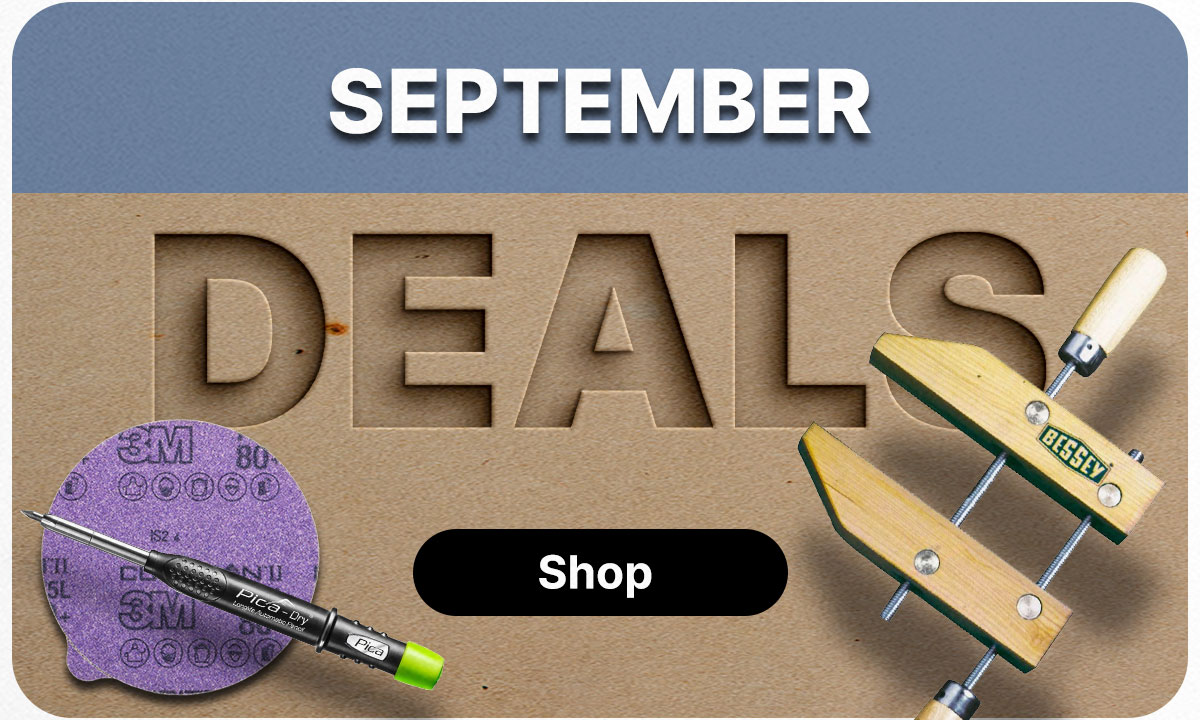 A handscrew clamp, marking tools, and sandpaper disc a with the words September Deals