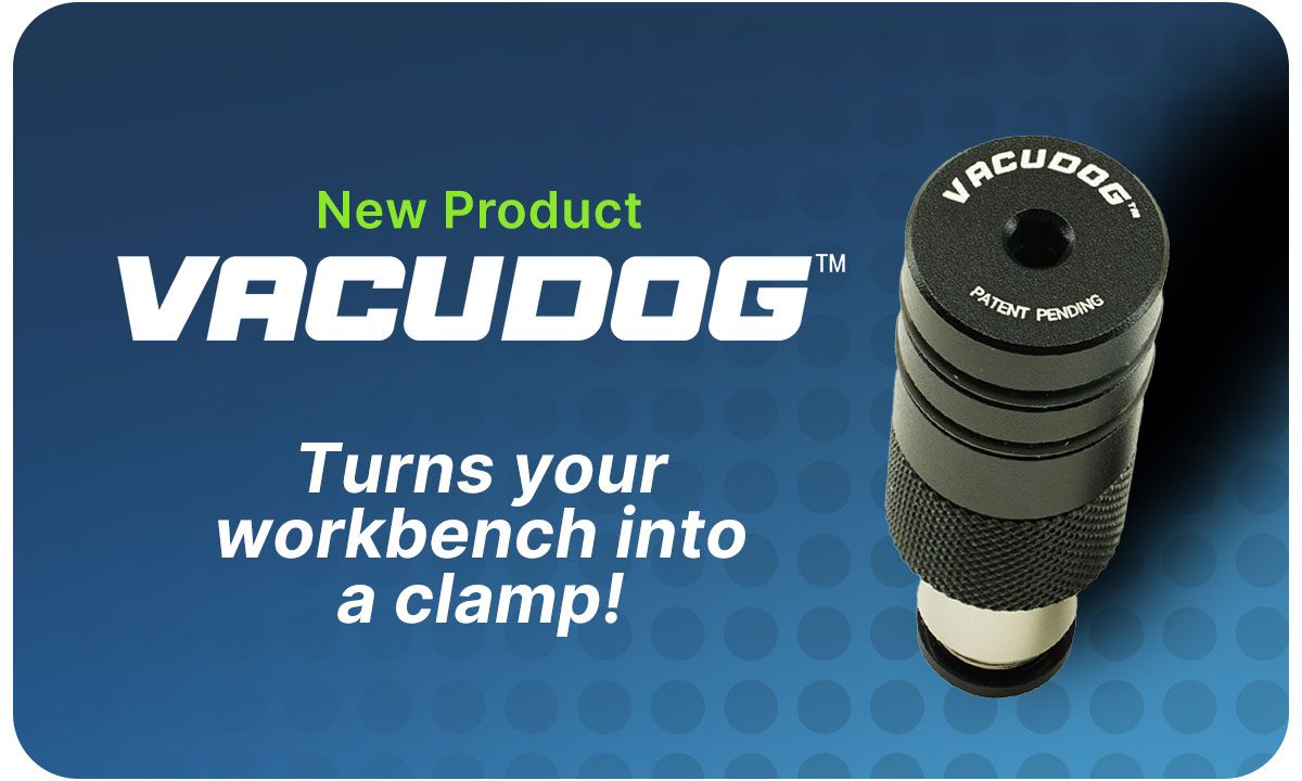 A closeup of the vacudog on a blue stylized background with the Vacudog logo