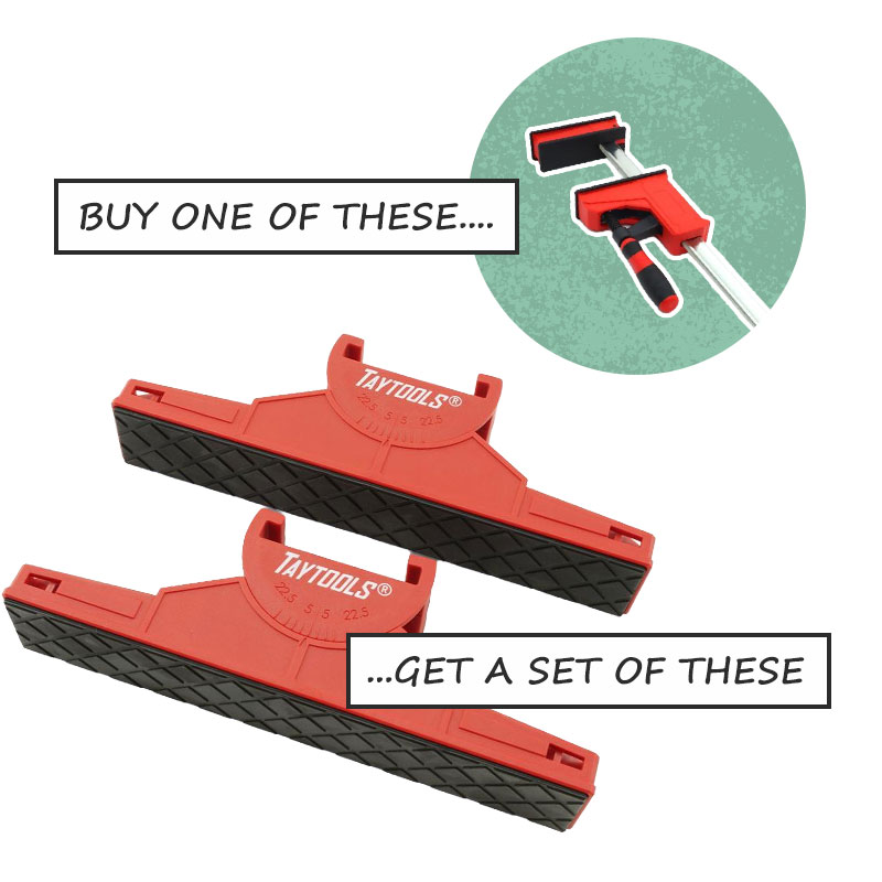 A set of red swivel clamps with a smaller image of a heavy duty parallel clamp