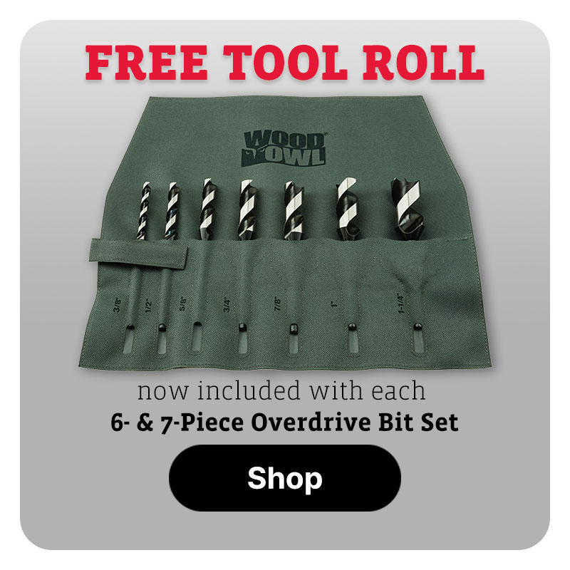A wood owl tool roll with drill bits on a white background