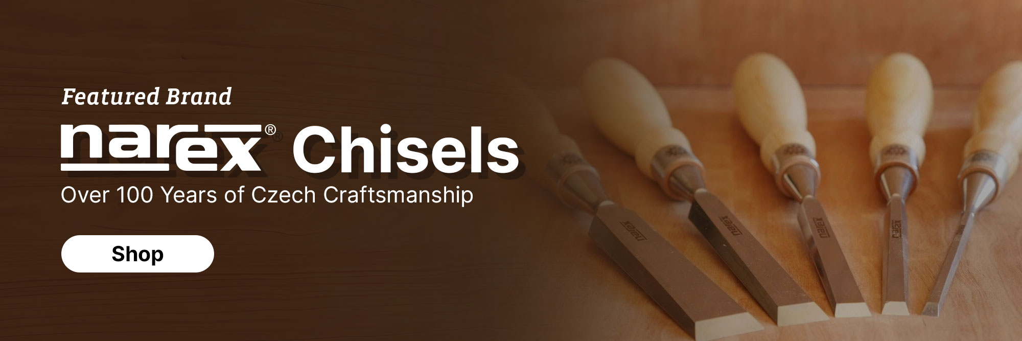 Narex Chisels sitting on a wooden table