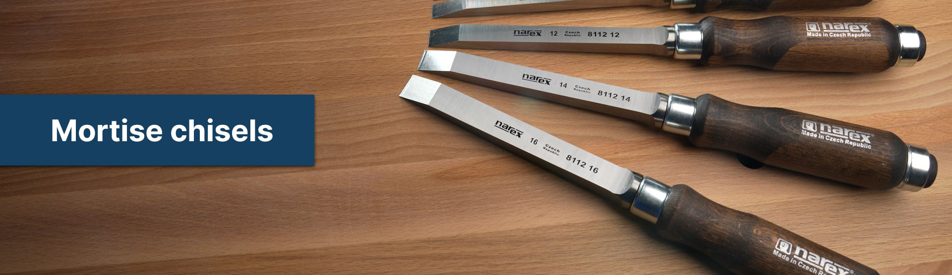 4 narex mortise chisels on a wooden work bench
