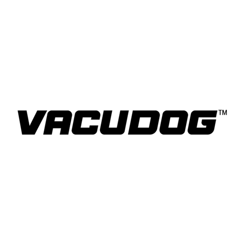 A black Vacudog logo on a white background