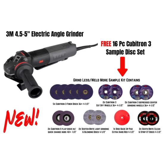 3M 4.5-5" Electric Angle Grinder and FREE 3M Cubitron 3 16 Pc Grind Less Weld More Prom Kit