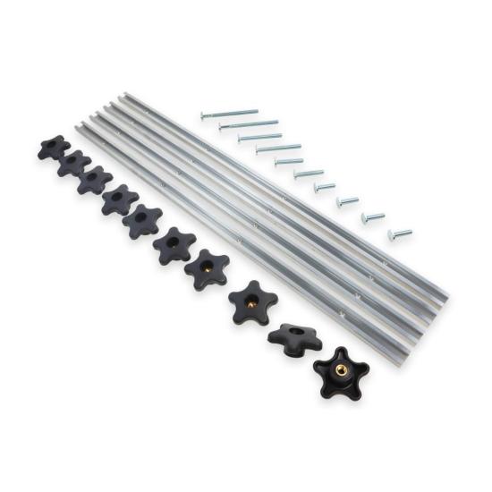 Deluxe 24 Piece T Track Jig Fixture Kit with 10 Star Knobs, 4 Sections of T Track and 10 T bolts.