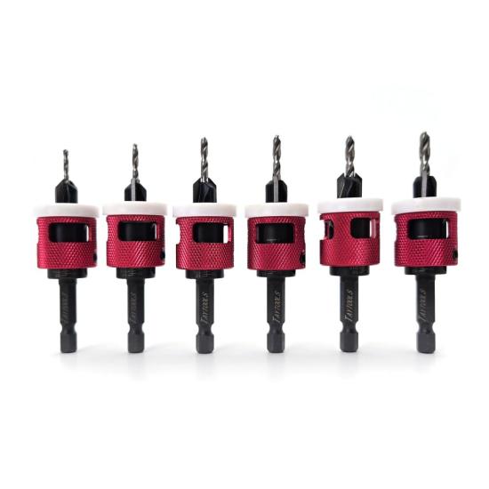 6 Piece Set Carbide Tipped Countersinks with Non-Mar Adjustable Rotating Depth Stops and Quick Release Hex Shanks